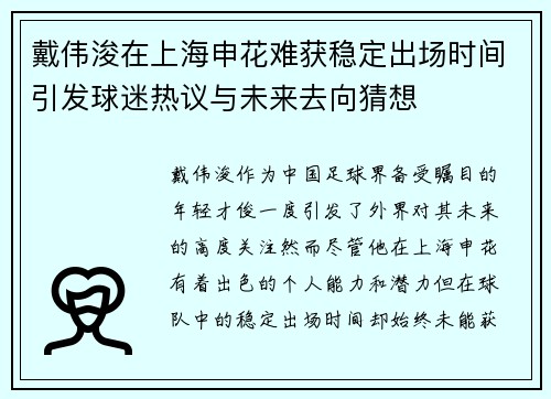 戴伟浚在上海申花难获稳定出场时间引发球迷热议与未来去向猜想 戴伟浚在上海申花难获稳定出场时间引发球迷热议与未来去向猜想